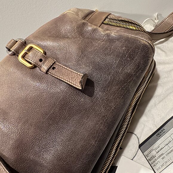 Prada Ardesia/Fumo Ombre Glace Leather Zippers Satchel Bag - Picture 10 of 16